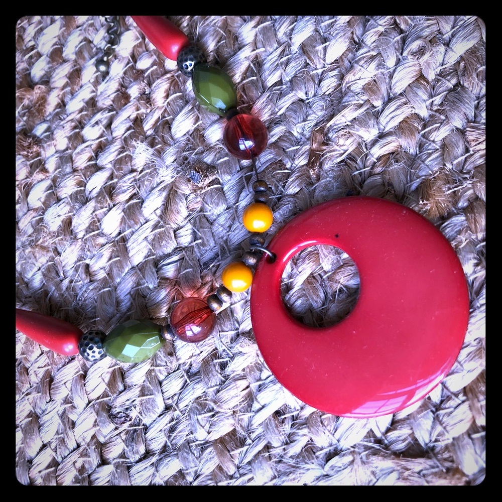 Round red charm beaded multi colored necklace